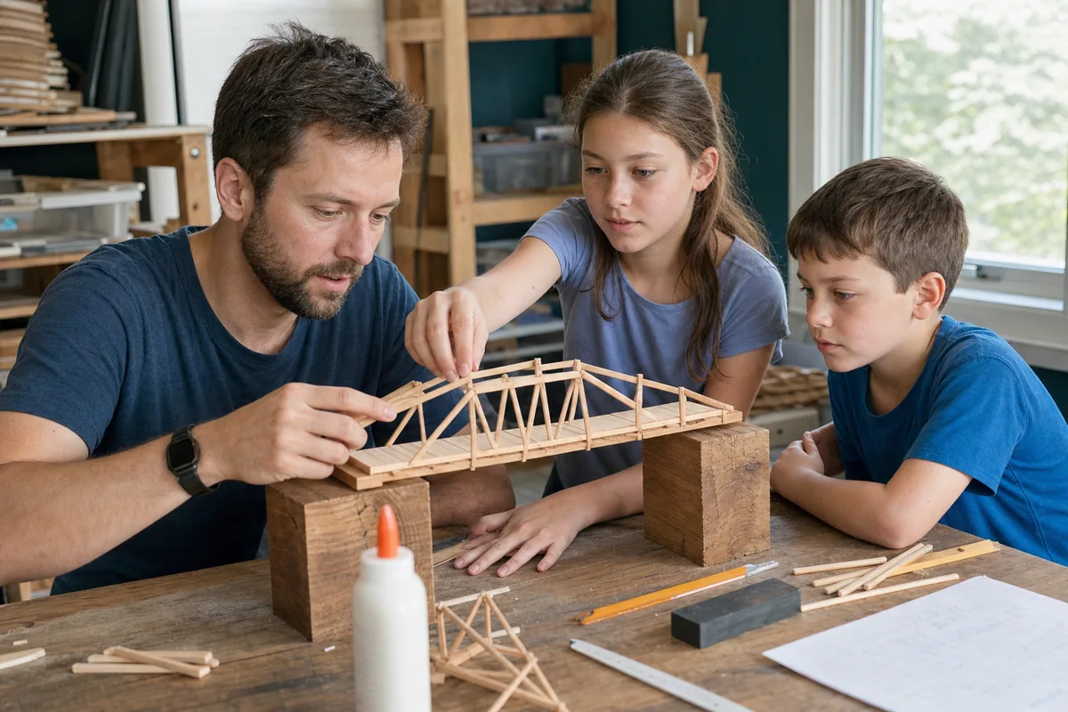 A father and two kids testing a popsicle-stick truss bridge at the workbench