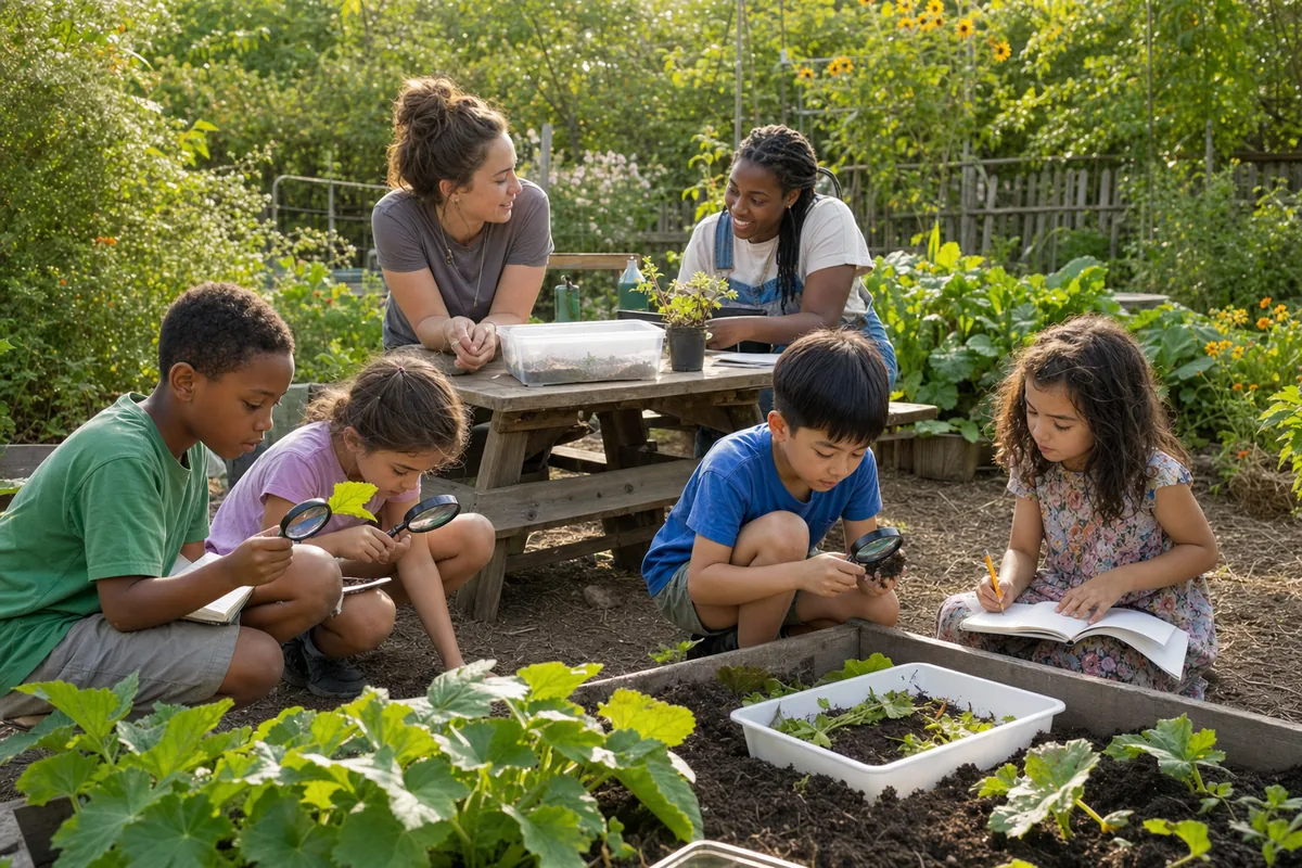 Children examining garden soil with magnifying glasses at an outdoor co-op