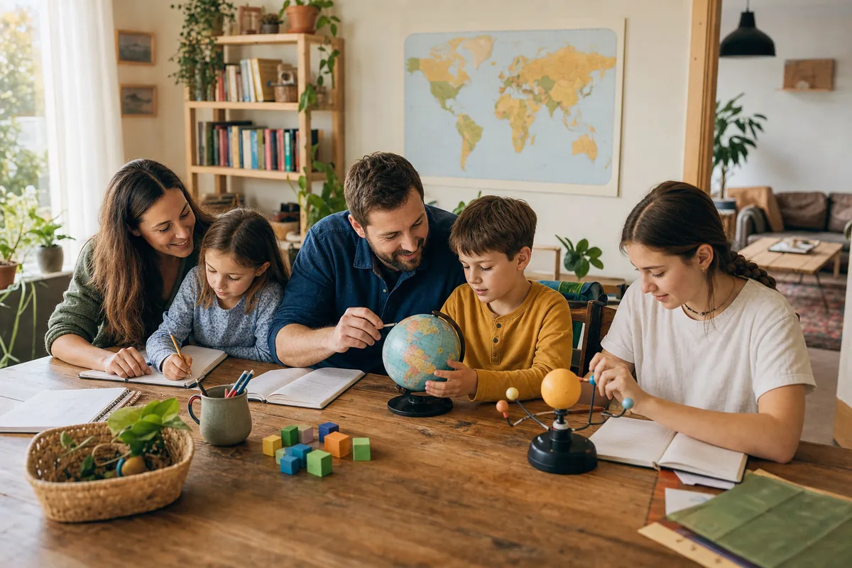The whole family gathered around the table with a globe and notebooks