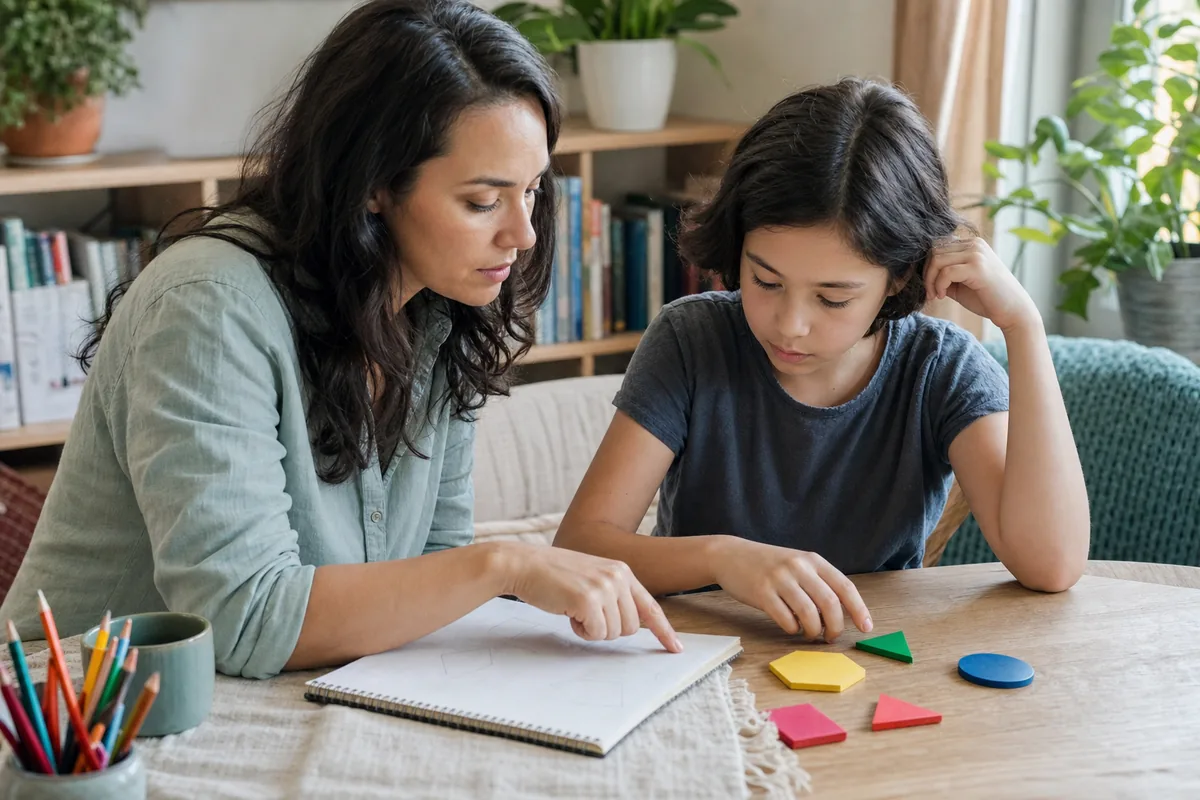 A mother and her daughter sorting colored shape blocks at the kitchen table